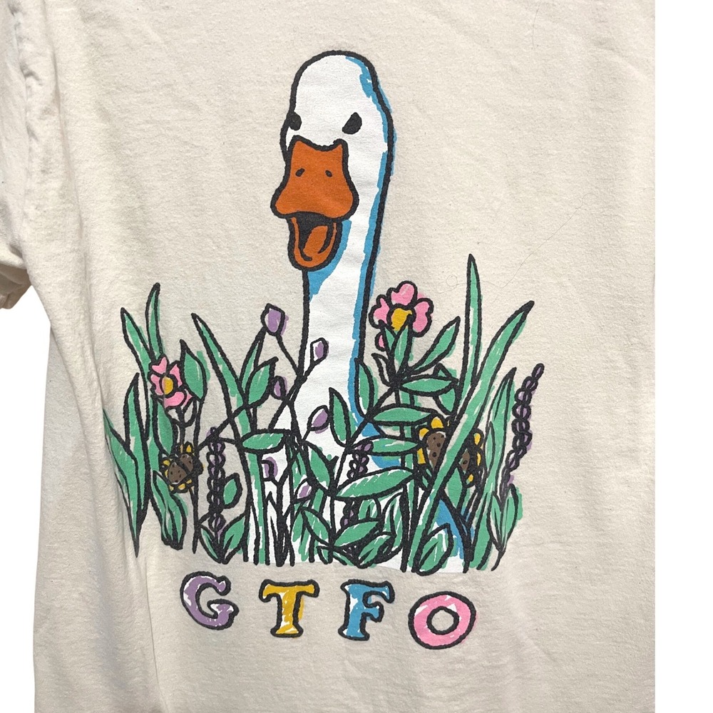 Hot Topic Threadless GTFO Goose Flower Graphic Tee Cream Medium Popcorn Punk - Picture 3 of 6